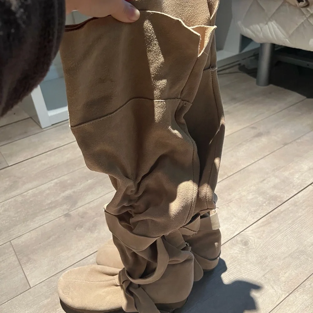 Suede Tall Wrap Over the Knee Boots - Beige - Picture 6 of 7